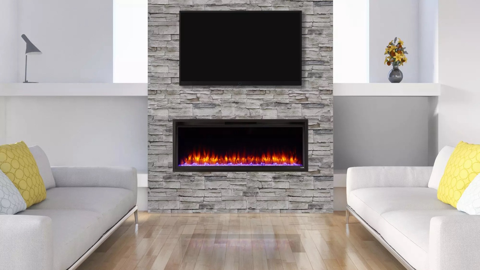 Wall-mount electric fireplace in a stacked-stone media wall