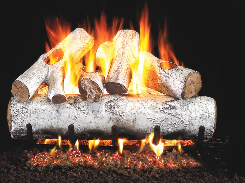 Real Fyre White Birch vented gas log set burning on a glowing ember bed