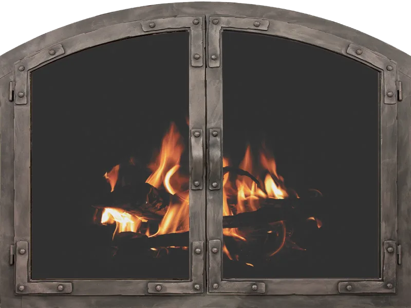 Stoll Old World fireplace glass door with arched iron detailing